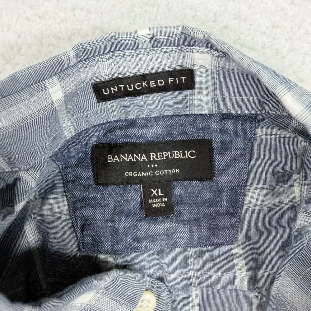 Banana Republic Button Down Shirt Mens XL Blue Plaid Organic Cotton Untucked Fit
